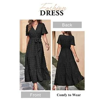 MASCOMODA Dresses for Women 2024 Short Flutter Sleeve Tiered Maxi Dress Swiss Dot Solid V Neck Wedding Guest Dress with Belt(Black,Small)