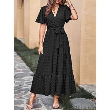 MASCOMODA Dresses for Women 2024 Short Flutter Sleeve Tiered Maxi Dress Swiss Dot Solid V Neck Wedding Guest Dress with Belt(Black,Small)