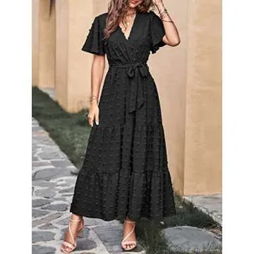 MASCOMODA Dresses for Women 2024 Short Flutter Sleeve Tiered Maxi Dress Swiss Dot Solid V Neck Wedding Guest Dress with Belt(Black,Small)