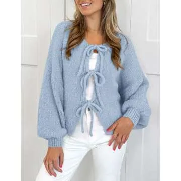 PRETTYGARDEN Women's Tie Front Bow Cardigan Sweaters Chunky Knit Long Puff Sleeve Trendy Fall Winter Jacket Coats (Sky Blue,Large)