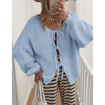 PRETTYGARDEN Women's Tie Front Bow Cardigan Sweaters Chunky Knit Long Puff Sleeve Trendy Fall Winter Jacket Coats (Sky Blue,Large)