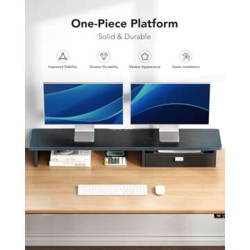 HUANUO Large Dual Monitor Stand with Drawer, Wood Monitor Stand Riser for 2 Monitors with Storage & ...