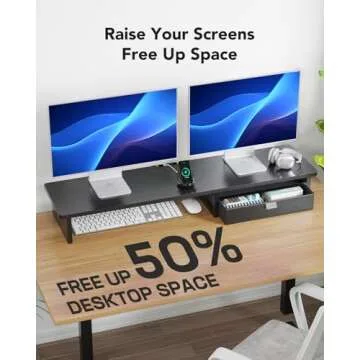 HUANUO Large Dual Monitor Stand with Drawer for Organizing