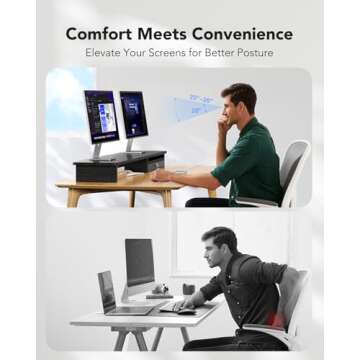 HUANUO Large Dual Monitor Stand with Drawer, Wood Monitor Stand Riser for 2 Monitors with Storage & Cable Management, Desktop Organizer for Computer, Laptop, Printer