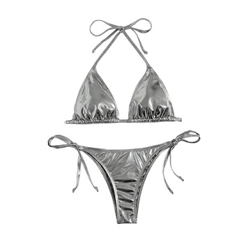 SOLY HUX Women's Metallic Halter Top Bikini - Sexy Silver Swimwear