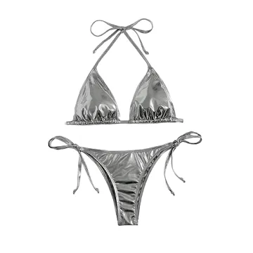 SOLY HUX Women's Metallic Halter Top Bikini - Sexy Silver Swimwear
