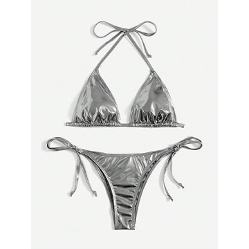 SOLY HUX Metallic Halter Top Bikini Silver Swimwear