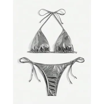 SOLY HUX Metallic Halter Top Bikini Silver Swimwear