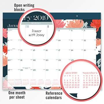 AT-A-GLANCE 2019 Desk Calendar, Desk Pad, 21-3/4" x 17", Standard, Badge Floral (D1148B-704)