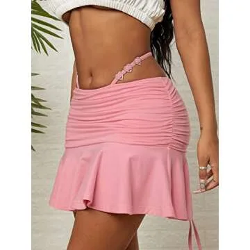 WDIRARA Women's Cut Out Heart Rhinestone Ruched Tie Back Ruffle Hem Aline Mini Skirt