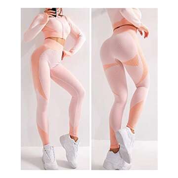 TSUTAYA Women's Seamless Compression Leggings High Waist Tummy Control Yoga Pants Butt Lifting Workout Textured Booty Tights Pink L