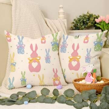 AACORS Easter Pillow Covers 18X18 Inch Set of 2,Polka Dots Colorful Bunnies Decorations Holiday Farm...