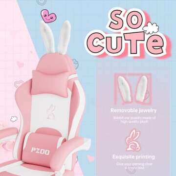 PZDO Pink Gaming Chair, High Back Kawaii Gaming Chair with Footrest & Bunny Ear and Wide Soft Cushion, Gamer Chair Computer Chair for Adults Girls Women, Reclining Chair, Gift, Pink-White