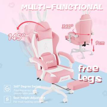 PZDO Pink Gaming Chair, High Back Kawaii Gaming Chair with Footrest & Bunny Ear and Wide Soft Cushion, Gamer Chair Computer Chair for Adults Girls Women, Reclining Chair, Gift, Pink-White