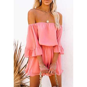 Fixmatti Women Rompers Casual Summer Off Shoulder Strapless Ruffle Shorts Jumpsuit Coral M