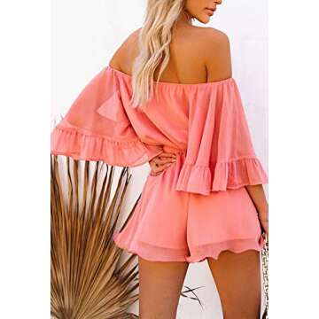 Fixmatti Women Rompers Casual Summer Off Shoulder Strapless Ruffle Shorts Jumpsuit Coral M