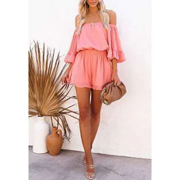 Fixmatti Women Rompers Casual Summer Off Shoulder Strapless Ruffle Shorts Jumpsuit Coral M