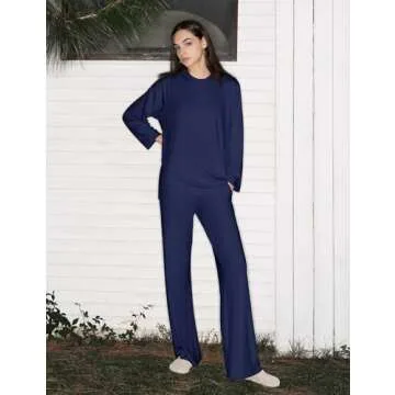 C202 Womens Loungewear Set 2 Piece Pajamas Matching Sets Long Sleeve Crewneck T Shirts Wide Leg Pants Casual, Midnight Small