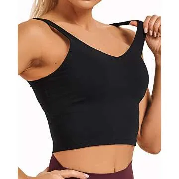 Stelle Womens Wirefree Padded Longline Sports, Yoga Bra, Fitness Workout Running Tank Tops (1-Black, Medium)