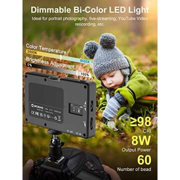 LED Video Light, Moman Camera Light for Photography, Portable 5000mAh Video Recording Lights with Co...