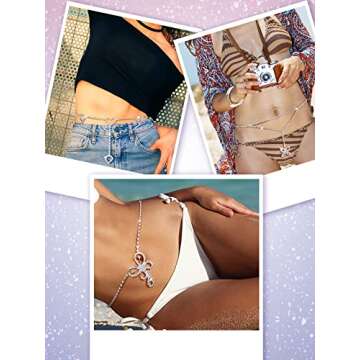 3 Pieces Rhinestone Waist Belly Chains for Women Diamond Heart Butterfly Waist Chain Crystal Jewelry Body Chain Summer Beach Body Accessories for Jewelry Girls