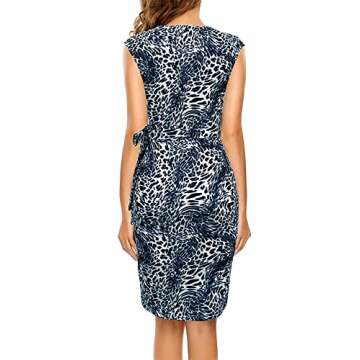 Berydress Women's Cocktail Dresses Party Work Cap Sleeves V-Neck Sheath Blue Leopard Faux Wrap Dress...