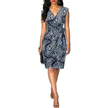Berydress Women's Cocktail Dresses Party Work Cap Sleeves V-Neck Sheath Blue Leopard Faux Wrap Dresses (L, 6028-Blue Leopard)