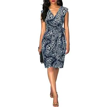 Berydress Women's Cocktail Dresses Party Work Cap Sleeves V-Neck Sheath Blue Leopard Faux Wrap Dresses (L, 6028-Blue Leopard)