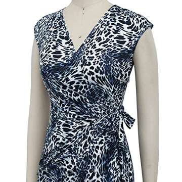 Berydress Women's Cocktail Dresses Party Work Cap Sleeves V-Neck Sheath Blue Leopard Faux Wrap Dresses (L, 6028-Blue Leopard)