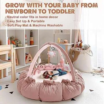 HAN-MM 5-in-1 Convertible Baby Play Gym with 6 Toys, Tummy Time Mat for Sensory Development, Baby Activity Center from Newborn to Toddler, Ball Pit, Cat & Dog Bed, Soft Plush Pet Bed, Pink