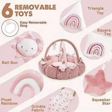 HAN-MM 5-in-1 Convertible Baby Play Gym with 6 Toys, Tummy Time Mat for Sensory Development, Baby Activity Center from Newborn to Toddler, Ball Pit, Cat & Dog Bed, Soft Plush Pet Bed, Pink