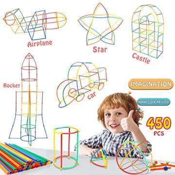 Creative Straw STEM Building Toys 450Pcs Aged for 3-5 5-7 Preschool Kids Constructor Toy Thin Tube Toy DIY Educational Interlocking Plastic Engineering Toys Kit for Boys and Girls