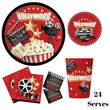 Oojami 24 Guest Movie Night Party Supplies Includes Plates, Cups, 2 Table Covers, Lunch Napkins, Bev...