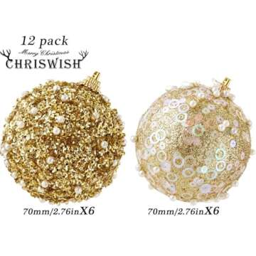 ChrisWish 12CT Christmas Ball Ornaments, Gold Christmas Ball Decorations Shatterproof Plastic Hangin...