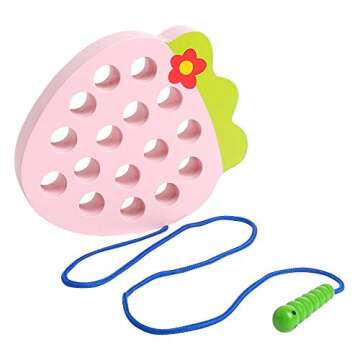 Skrtuan Wooden Lacing Threading Toys Wood Block Puzzle Car Airplane Travel Game Montessori Early Development Fine Motor Skills Educational Gift for 3 4 5 Years Old Toddlers Baby Kids, 1 Strawberry