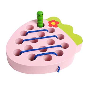 Skrtuan Wooden Lacing Threading Toys Wood Block Puzzle Car Airplane Travel Game Montessori Early Development Fine Motor Skills Educational Gift for 3 4 5 Years Old Toddlers Baby Kids, 1 Strawberry