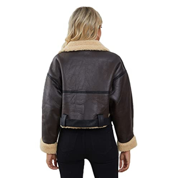 Women Faux Lamb Fur Leather Bomber Jacket Winter Coat