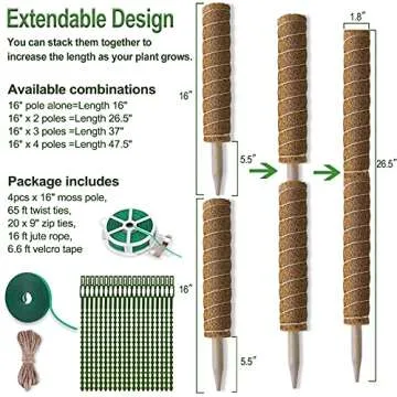 Fabulas Moss Pole 47.5 Inch - Monstera Plant Support, 4 Packs 16 Inch Plant Stakes for Indoor Plants Coco Coir Moss Pole Sticks for Climbing Potted Live Plants, Pothos, Philodendron, with Garden Ties