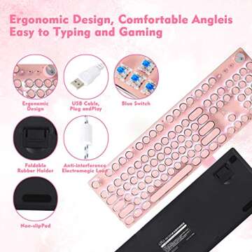 CHICHEN Retro Steampunk Typewriter-Style Gaming Keyboard, Blue Switches,Pure White Backlight, USB Wi...