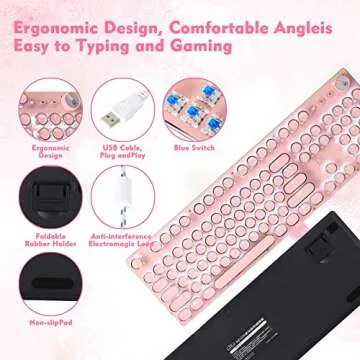 CHICHEN Retro Steampunk Typewriter-Style Gaming Keyboard, Blue Switches,Pure White Backlight, USB Wi...