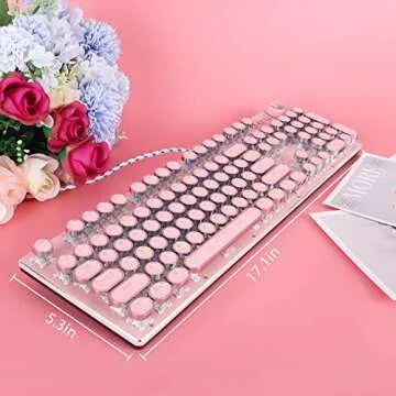 CHICHEN Retro Steampunk Typewriter-Style Gaming Keyboard, Blue Switches,Pure White Backlight, USB Wired, for PC Laptop Desktop, Stylish Pink Mechanical Keyboard Round Keycaps