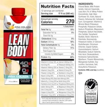 Lean Body Ready-to-Drink Pina Colada Protein Shake, 40g Protein, Whey Blend, 0 Sugar, Gluten Free, 22 Vitamins & Minerals, 17 Fl Oz (Pack of 12)