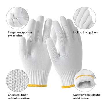 ELITEINSPIRE Unisex white cotton polyester knitted safety gloves, suitable for gardening, construction, courtyard, industrial, barbecue, warehouse, outdoor, cooking work -12 pairs.