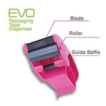 ABEL EVO Packing Tape Dispenser, Pink, 2 Inch Wide Ergonomic Tape Gun for Packing Boxes, Shipping Moving Mailing Box Sealing Carton Packaging, Lightweight Hand-held Heavy Duty Tape Cutter