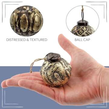 AuldHome Design Farmhouse Ball Ornaments (Set of 6, 2", Antique Gold); Distressed Metal Tin Glass Ball Vintage Style Christmas Decorations