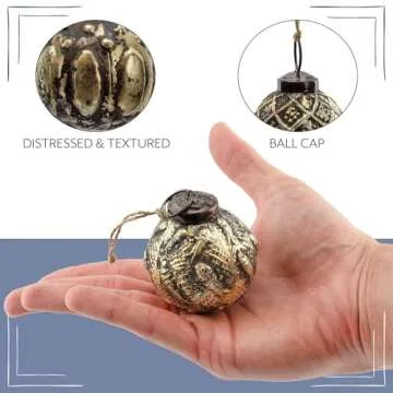 AuldHome Design Farmhouse Ball Ornaments (Set of 6, 2", Antique Gold); Distressed Metal Tin Glass Ball Vintage Style Christmas Decorations