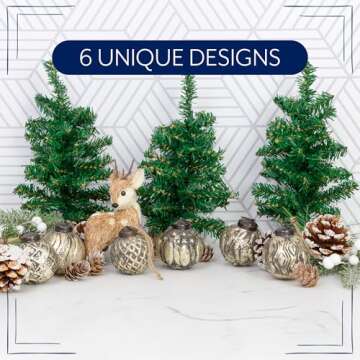 AuldHome Design Farmhouse Ball Ornaments (Set of 6, 2", Antique Gold); Distressed Metal Tin Glass Ball Vintage Style Christmas Decorations