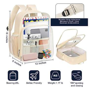 KETIEE Clear Backpack Heavy Duty: Clear Bag for Stadium Events, TPU & Leather Transparent Backpacks for Women and Men, Large Waterproof Clear Book Bag for School Travel Work Sports Concerts (Beige)