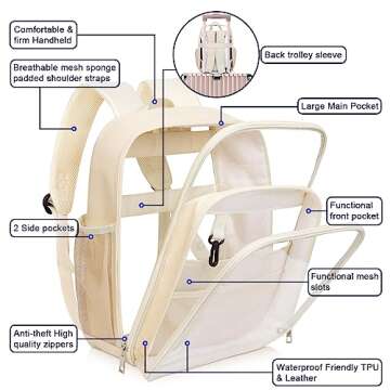 KETIEE Clear Backpack Heavy Duty: Clear Bag for Stadium Events, TPU & Leather Transparent Backpacks for Women and Men, Large Waterproof Clear Book Bag for School Travel Work Sports Concerts (Beige)