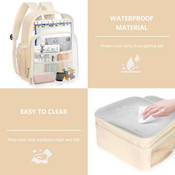 KETIEE Clear Backpack Heavy Duty: Clear Bag for Stadium Events, TPU & Leather Transparent Backpacks for Women and Men, Large Waterproof Clear Book Bag for School Travel Work Sports Concerts (Beige)
